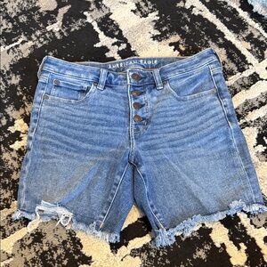 American Eagle Outfitters Blue High-Rise Button-Fly Cutoff Jean Shorts